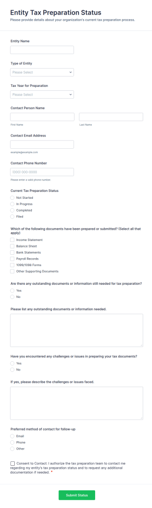 Entity Tax Preparation Status Form Template