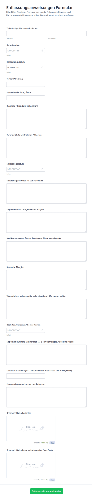 Entlassungsanweisungen Formular