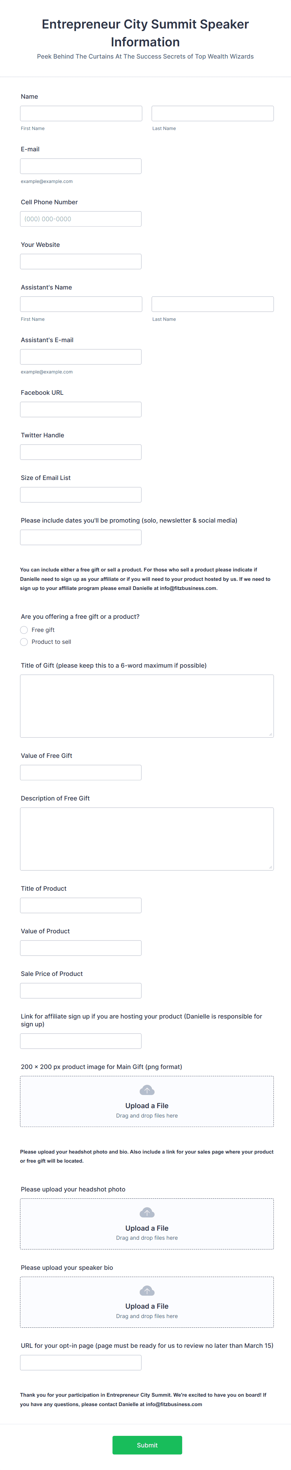 Entrepreneur City Summit Speaker Information Form Template | Jotform