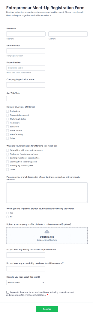 Entrepreneur Meet Up Registration Form Template