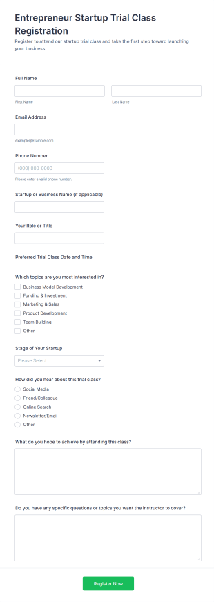 Entrepreneur Startup Trial Class Registration Form Template