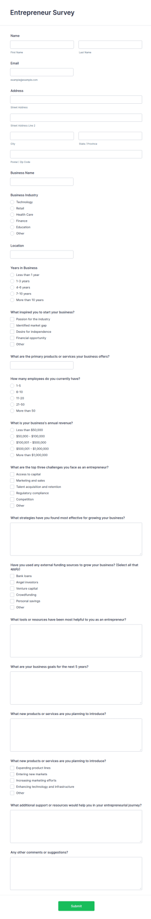 Entrepreneur Survey Form Template