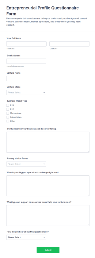 Entrepreneurial Profile Questionnaire Form Template