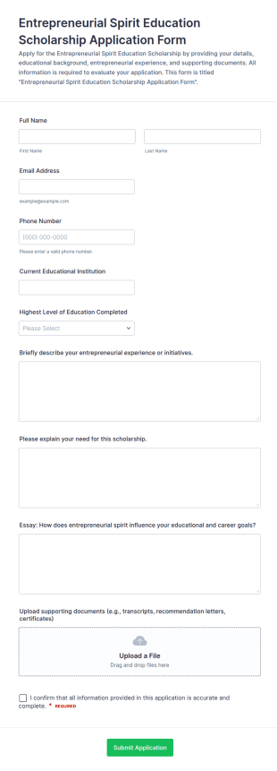 Entrepreneurial Spirit Education Scholarship Application Form Template