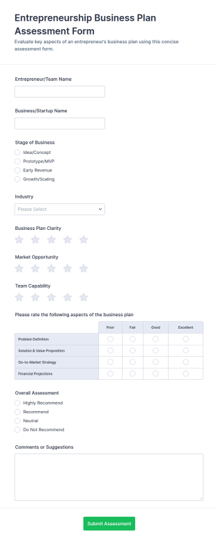 Entrepreneurship Business Plan Assessment Form Template