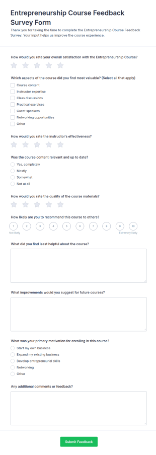 Entrepreneurship Course Feedback Survey Form Template