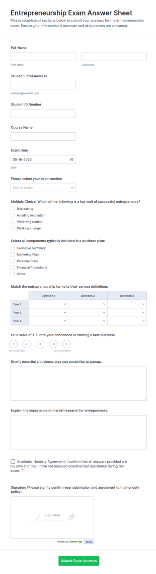 Entrepreneurship Exam Answer Sheet Form Template