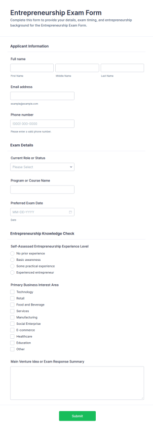 Entrepreneurship Exam Form Template