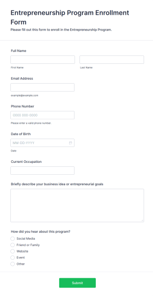 Entrepreneurship Program Enrollment Form Template