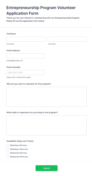 Entrepreneurship Program Volunteer Application Form Template