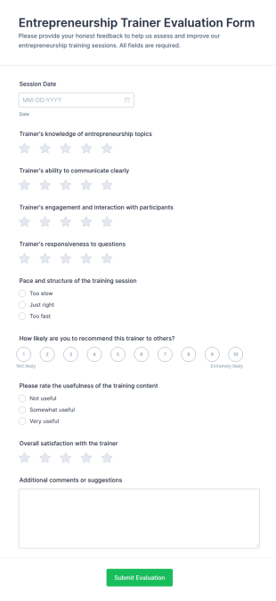 Entrepreneurship Trainer Evaluation Form Template