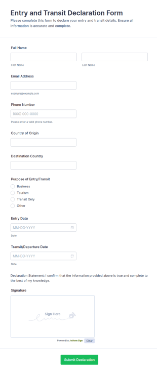 Entry And Transit Declaration Form Template