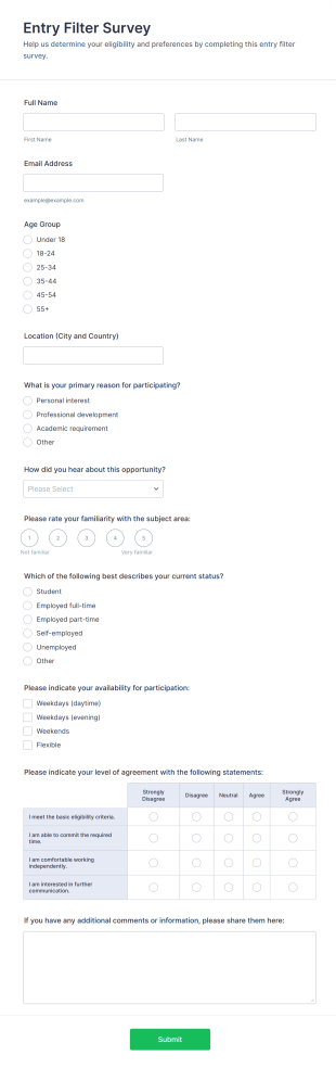 Entry Filter Survey Form Template