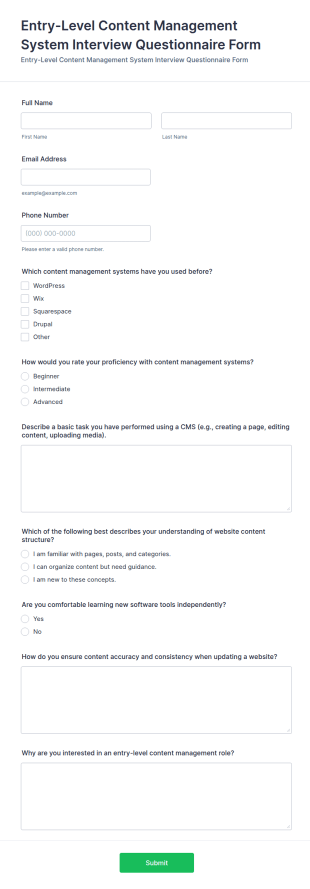 Entry Level Content Management System Interview Questionnaire Form Template