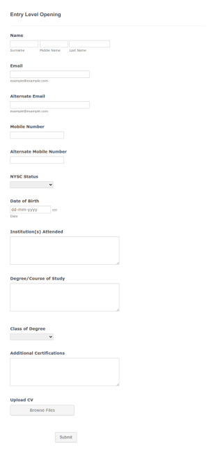 Entry Level Opening Application Form Template