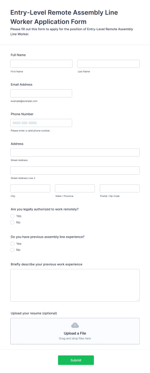 Entry Level Remote Assembly Line Worker Application Form Form Template