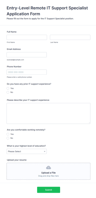 Entry Level Remote IT Support Specialist Application Form Form Template