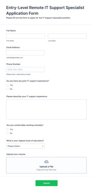 Entry Level Remote IT Support Specialist Application Form Template
