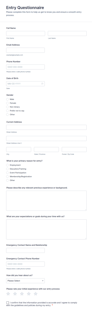 Entry Questionnaire Form Template