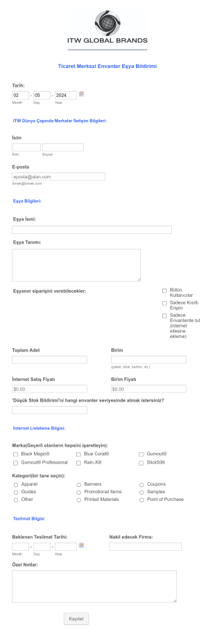 Envanter Bildirim Form Şablonu