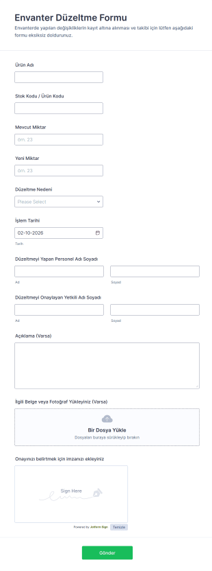 Envanter Düzeltme Form Şablonu