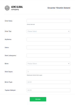 Envanter Yönetim Form Template