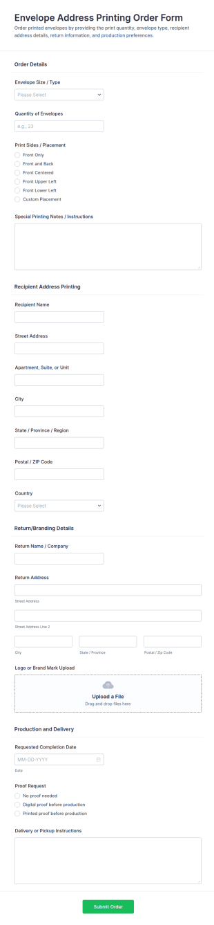Envelope Address Printing Order Form Template