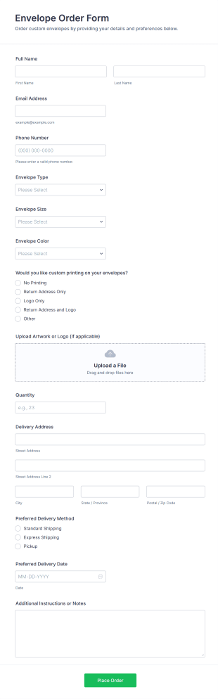 Envelope Order Form Template