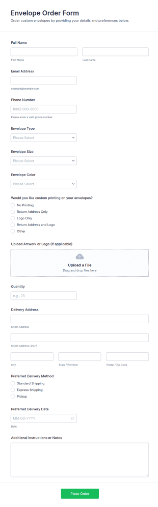 Envelope Order Form Template