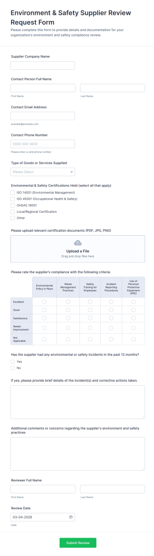 Environment & Safety Supplier Review Request Form Template