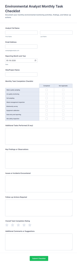 Environmental Analyst Monthly Task Checklist Form Template