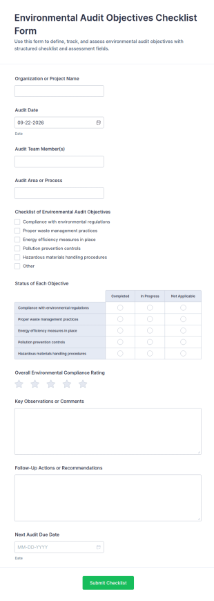 Environmental Audit Objectives Checklist Form Template
