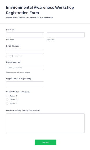 Environmental Awareness Workshop Registration Form Template