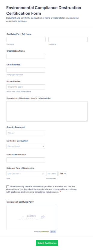 Environmental Compliance Destruction Certification Form Template