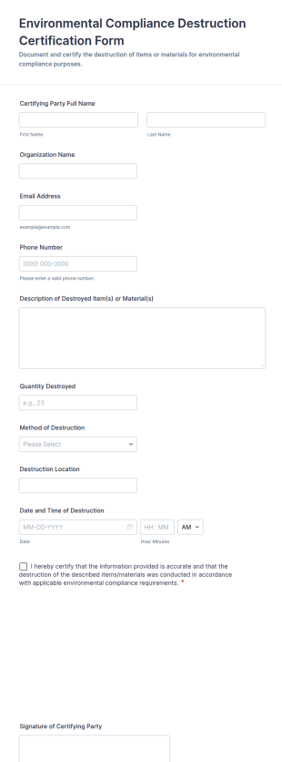 Environmental Compliance Destruction Certification Form Template