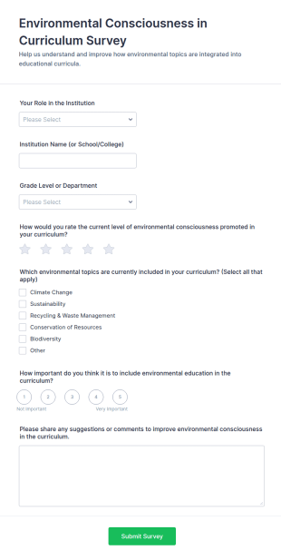 Environmental Consciousness In Curriculum Survey Form Template
