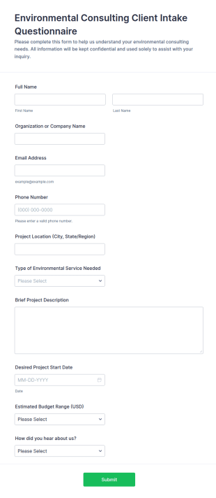 Environmental Consulting Client Intake Questionnaire Form Template