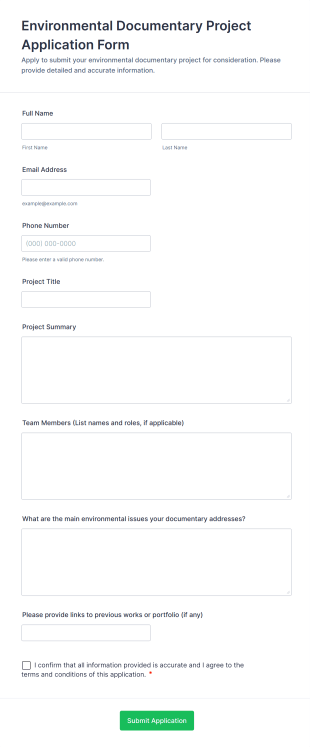 Environmental Documentary Project Application Form Form Template