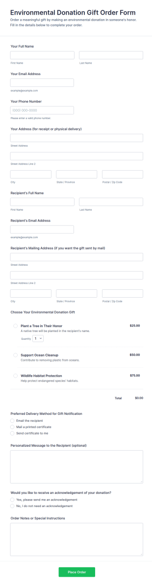 Environmental Donation Gift Order Form Template