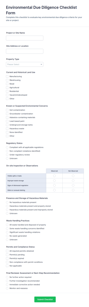 Environmental Due Diligence Checklist Form Template