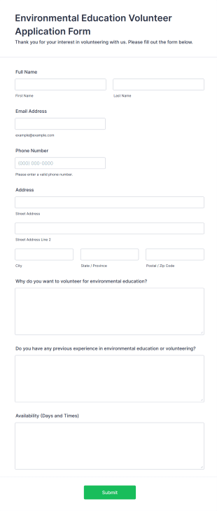 Environmental Education Volunteer Application Form Form Template