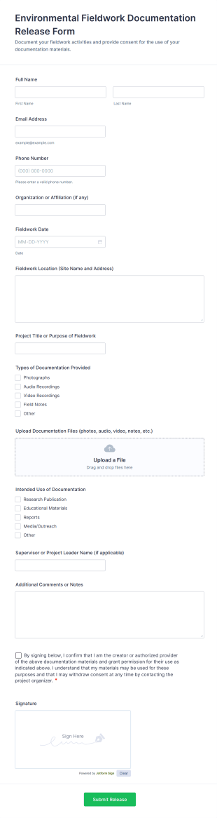 Environmental Fieldwork Documentation Release Form Template