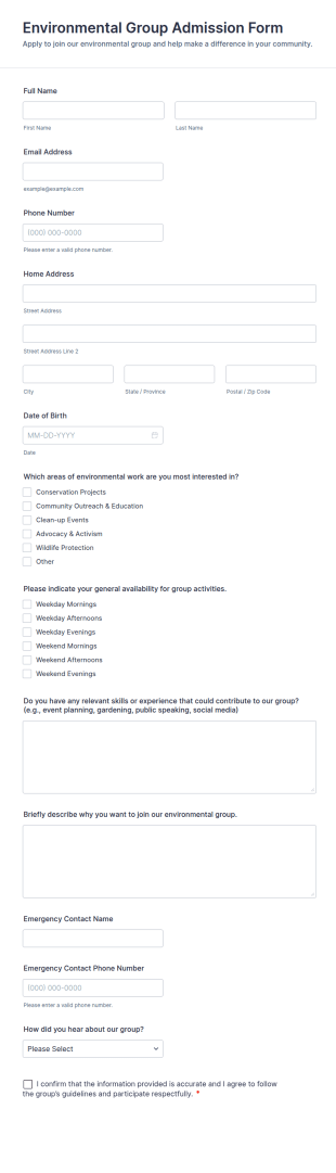 Environmental Group Admission Form Template