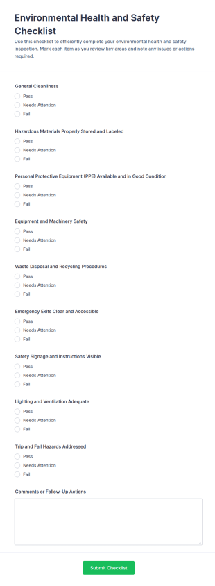 Environmental Health And Safety Checklist Form Template