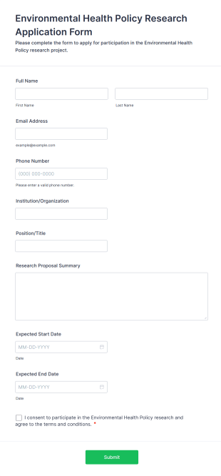Environmental Health Policy Research Application Form Template