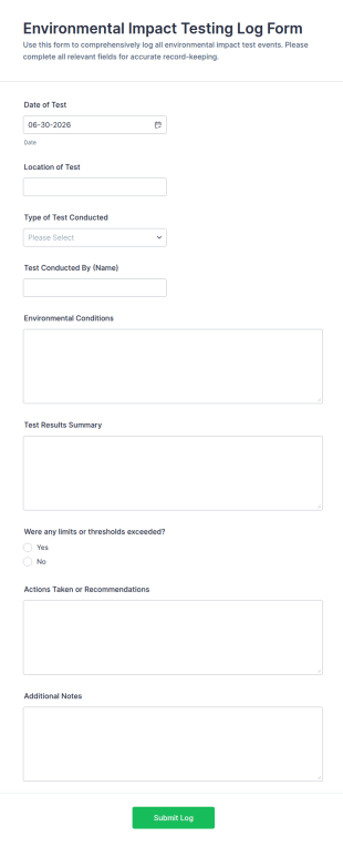 Environmental Impact Testing Log Form Template