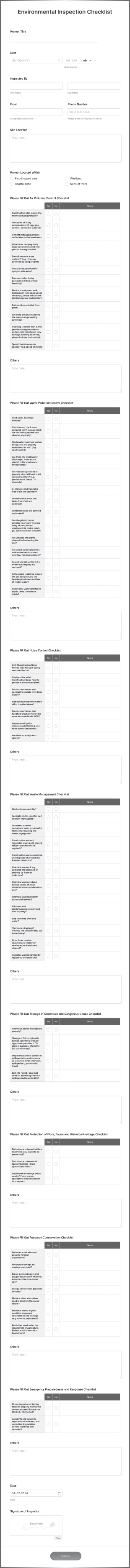Environmental Inspection Checklist Form Template