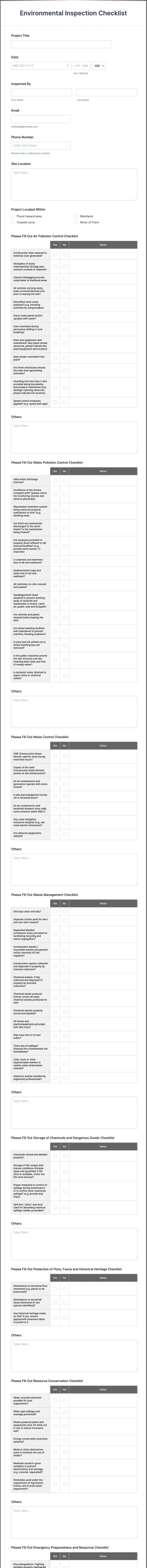 Environmental Inspection Checklist Form Template