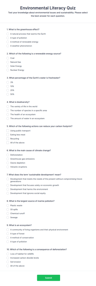 Environmental Literacy Quiz Form Template