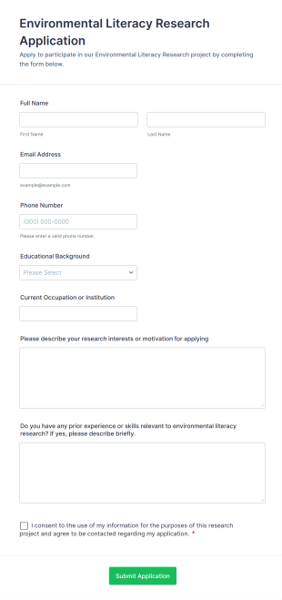 Environmental Literacy Research Application Form Form Template